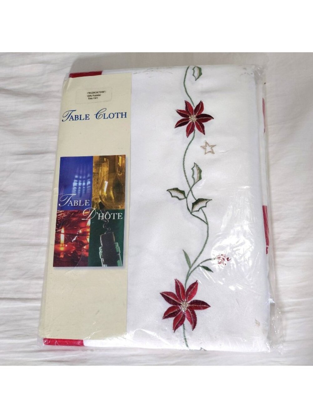 Christmas Tablecloth 85x60 Rectangle White Red Floral Embroidered Poinsetta NEW
